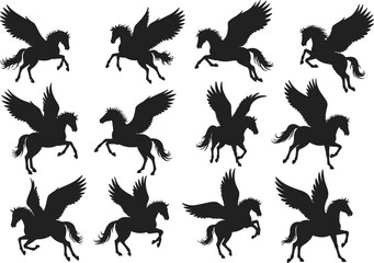 Pegasus horse silhouette collection, flying winged horse vector, mythical creature illustration, fantasy animal clipart, magical horse designs, winged stallion shapes