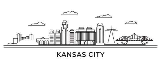 Fototapeta premium Kansas City Line Art skyline. Travel Kansas City famous landmarks. Business and tourism concept for presentation, banner, web site. with white background