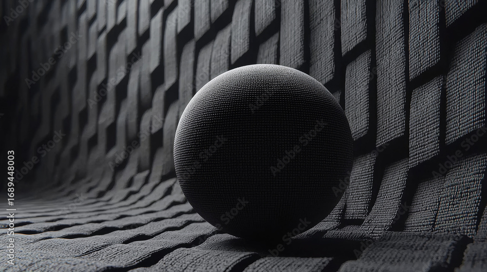 Poster textured spherical object sits on surface of layered rhomboid patterns, creating visually striking a