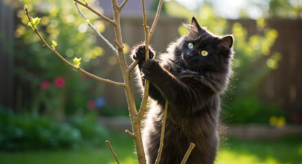 Black cat enjoying the outdoors, climbing a tree.