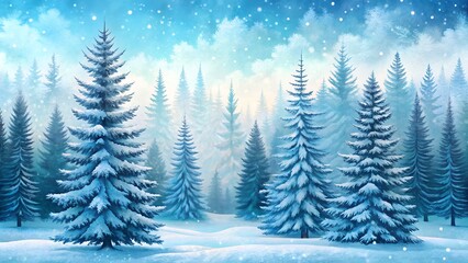 Snowy evergreen forest with snow falling gently, creating a serene winter wonderland landscape