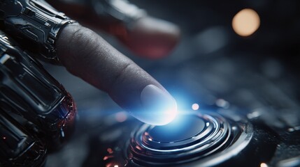 Obraz premium digital ignition a closeup shot highlights a finger poised to initiate a digital start sequence highlighting the fusion of human touch and futuristic technology
