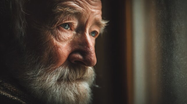 the thoughtful elderly man gazing pensively out of a window
