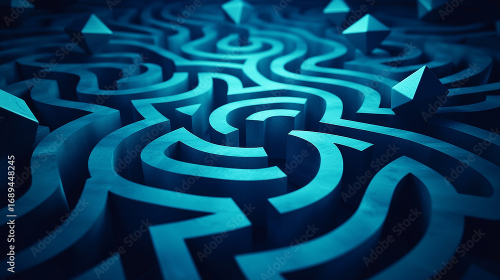 Poster complex, dark blue labyrinth with intersecting geometric patterns and floating pyramids creates myst