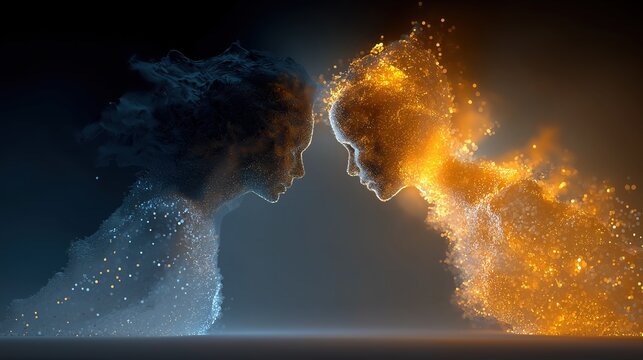 Abstract magnetic forces between two silhouettes, with glowing particles showing attraction.