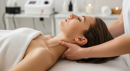 Obraz premium Masseuse giving relaxing neck massage to client in spa