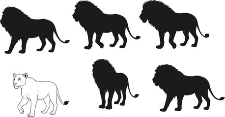 Lion silhouette vector set, African wildlife illustration, black jungle king graphics, majestic animal clipart, safari lion shapes for design