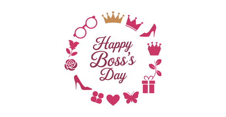 Happy Boss's Day design with circular icon arrangement, pink and gold accents, and decorative font—ideal for festive workplace appreciation 