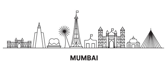 Mumbai Line Art skyline. Travel Mumbai famous landmarks. Business and tourism concept for presentation, banner, web site. with white background