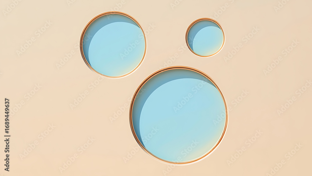 Poster three circular holes with light blue sky visible through them, against a soft peach background with 