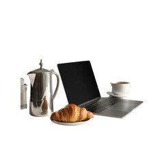 Laptop, Coffee, Croissant, and Coffee Maker Work from Home Breakfast Setup