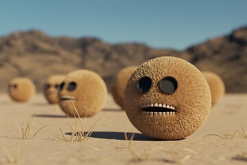 A surreal desert landscape featuring anthropomorphic furry sphere characters with expressive faces and a unique comical atmosphere.