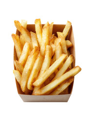 Crispy golden-brown french fries in a cardboard container