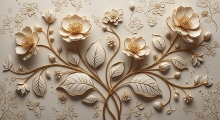 Elegant Beige Floral Wall Art with 3d Textured Flowers and Leaves for Home Decor