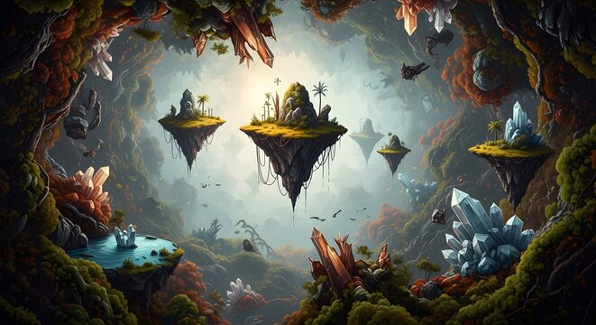 A fantastical landscape with floating islands crystals and lush vegetation in a surreal setting - Powered by Adobe