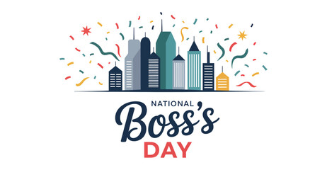  National Boss's Day design with colorful confetti, city skyline, and elegant script—ideal for corporate greetings and workplace celebrations