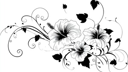 Ornate hibiscus blossoms and swirls create a captivating black and white floral design.