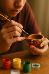 Close up of teen painting decorative clay diya with colorful paints for Diwali festival celebration, handmade earthen lamp craft
