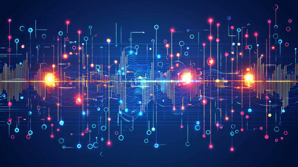 Vibrant digital soundwave with glowing circuit elements and colorful lights on dark background, representing technology and innovation