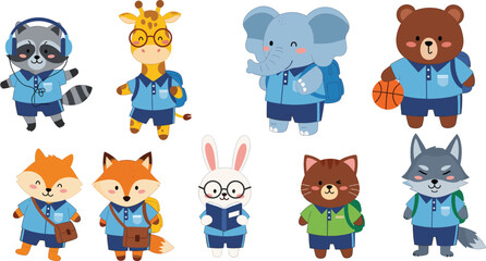 Cartoon animals in school uniforms with backpacks, books, and accessories, educational vector for classroom, student diversity and learning concept