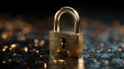 padlock symbolizing cybersecurity against the background visualization of links in data algorithms information field on a dark background