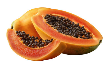 Two slices of papaya, vibrant orange-red flesh, dark seeds