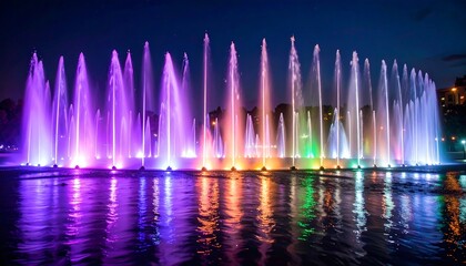 Illuminated fountain display at night