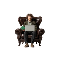 Young Man Working on Laptop in Luxurious Leather Armchair