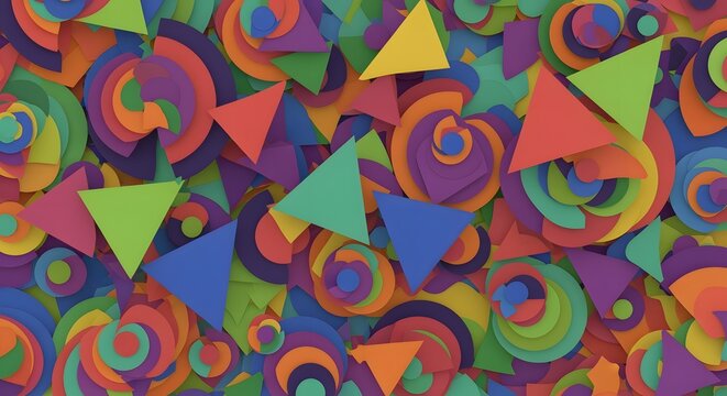 A vibrant collage of colorful paper circles and triangles arranged in a playful pattern design - Powered by Adobe