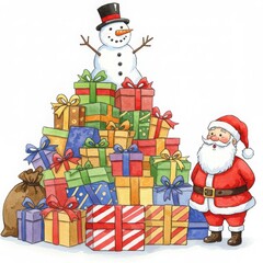 Santa Claus and the snowman with a mountain of gifts