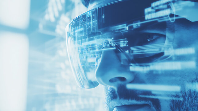 Man Wearing Augmented Reality Glasses with Digital Interface Overlay