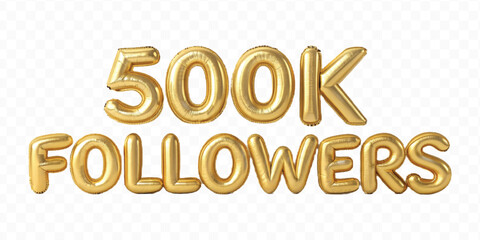 realistic 3d 500K FOLLOWERS typography text made by with different color foil balloons style isolated on transparent background