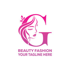 Beauty Fashion Woman G Letter Logo Vector – Elegant Female Face Silhouette with Hair and Leaf for Salon, Cosmetics, and Spa Branding
