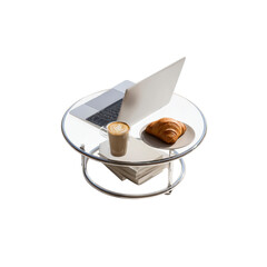 Laptop, Latte, and Croissant on Modern Glass Coffee Table