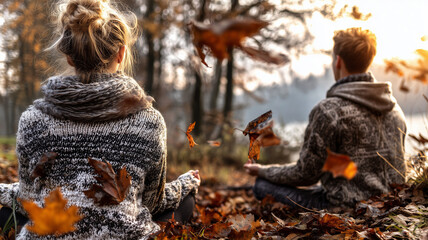 Two people practicing mindful movement together in a tranquil park surrounded by colorful fall leaves. Supportive partner work highlights connection, balance, and wellbeing in nature.
