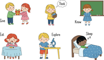Cartoon children performing labeled actions like give, eat, sleep, explore, think and know, educational vector for classroom and vocabulary learning