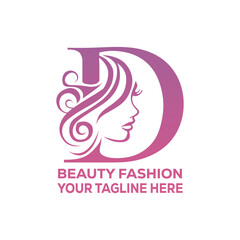 Beauty Fashion Woman D Letter Logo Vector – Elegant Female Face Silhouette with Hair Design for Salon, Cosmetics, and Spa Branding
