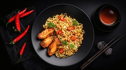 Spicy Instant Noodles with Crispy Chicken Wings and Red Chili, Black Plate with Tea, Overhead Food Still Life
