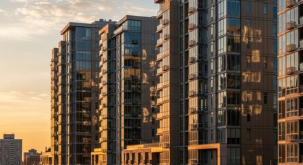Fototapeta premium Modern Glass High Rise Buildings in Sunset Light Urban Skyline