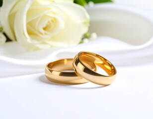Two gold wedding bands on a white cloth with a rose