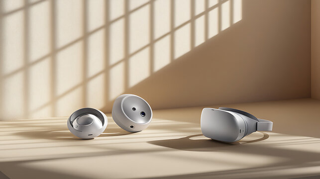 Modern VR Headset and Earbuds Displayed in a Minimalist Room with Sunlight - Powered by Adobe