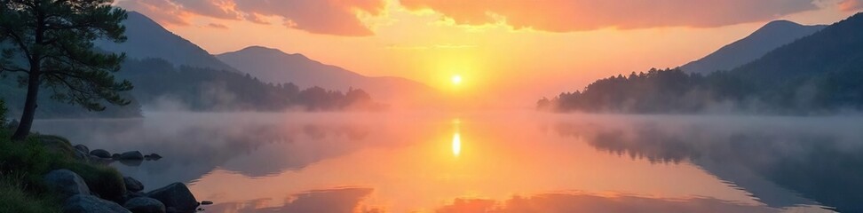 Fototapeta premium Serene sunrise over a tranquil lake, reflecting soft light and peaceful mist Perfect for meditation, yoga, mindfulness, and spiritual themes A gentle, hopeful atmosphere , beautiful, nature
