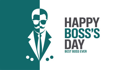 Stylized Happy Boss's Day graphic with split-color male figure, bold typography, and festive message celebrating leadership and appreciation