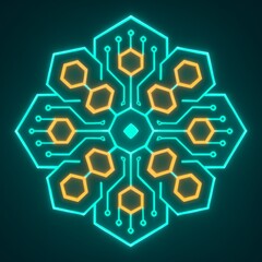 Futuristic neon rangoli design with glowing hexagon circuitry pattern in teal and orange, digital geometric vector illustration, symmetrical mandala style