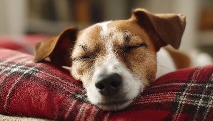A charming Jack Russell terrier rests peacefully on a cozy red plaid cushion, its eyes closed in slumber.
