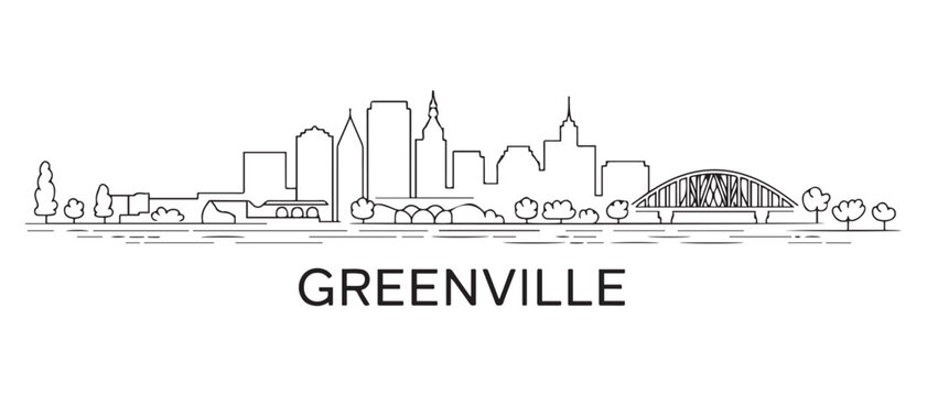Greenville Line Art skyline silhouette. Landscape Greenville, South Carolina. Vector illustration. with white background