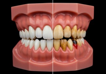 Obraz premium Split image of a dental model showing healthy white teeth on one side and unhealthy stained teeth on the other