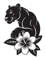 Black Panther Silhouette with Tropical Flower Vector, Exotic Jungle Animal Clipart for Tattoo, Decoration and Wildlife Design