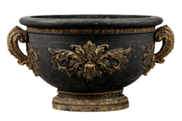 Ornate black planter with gold accents
