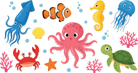 Cartoon underwater sea animals vector set with coral reef, bubbles, turtle, jellyfish, squid, crab, starfish, and seahorse